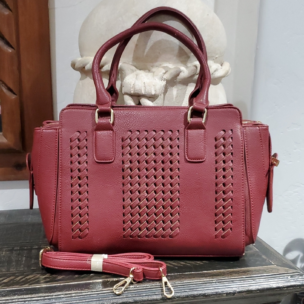 Vintage Burgundy Woven Panel Satchel Handbag